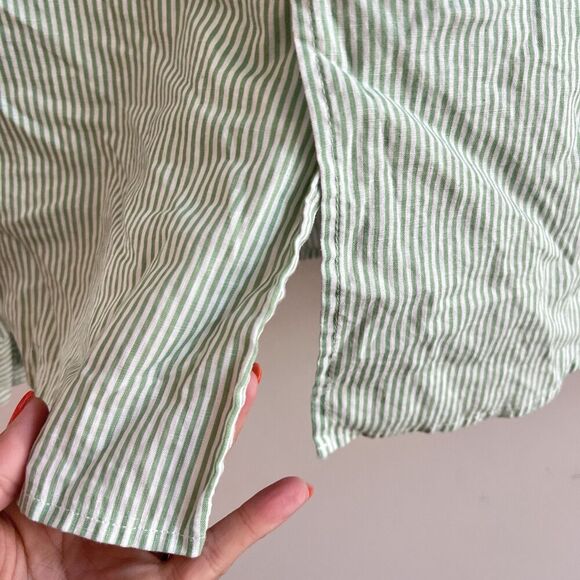 Saks Fifth Ave Green Linen Blend Popover Shirt M Striped Classic Collared Preppy - Picture 10 of 10